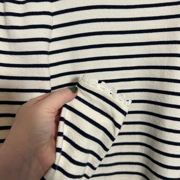 BODEN Crochet Trim Collar Long Sleeve Top US 6 Cream Navy Blue Striped Cotton - Picture 7 of 10